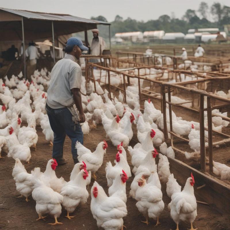 Thu hoạch gà trắng tại trang trại chăn nuôi