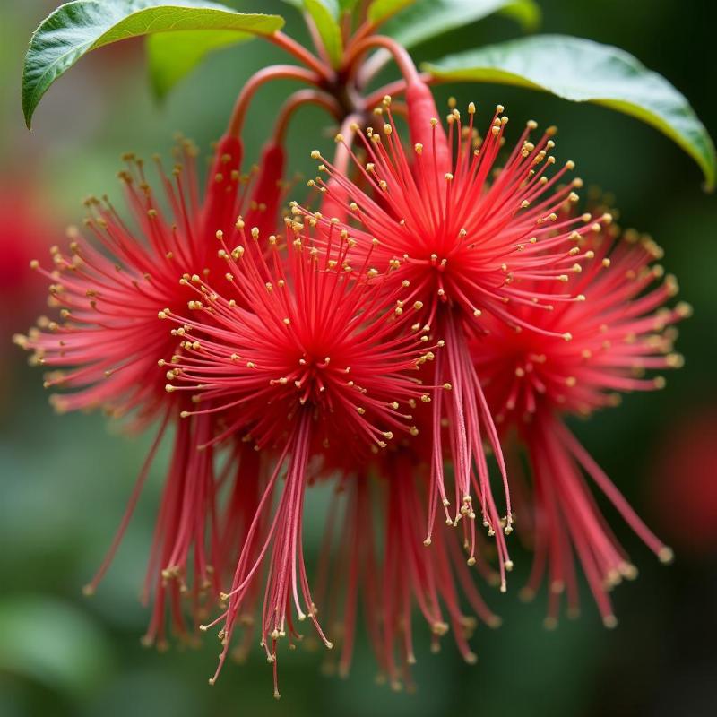Cận cảnh chùm hoa lộc vừng màu đỏ rực rỡ với những sợi nhị dài đẹp mắt và lá xanh tươi, cho thấy vẻ đẹp chi tiết của loài cây này.