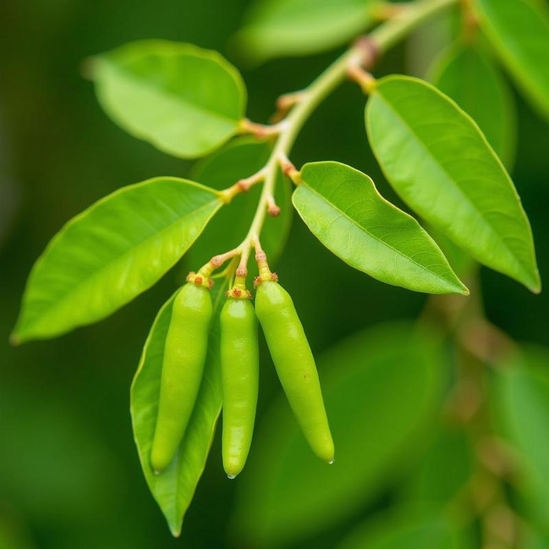 Cây chùm ngây tươi tốt với lá xanh mướt và quả non, biểu tượng của sức khỏe và dinh dưỡng, sẵn sàng thu hoạch.