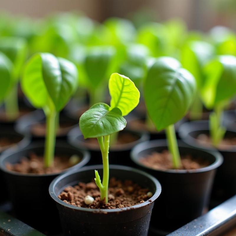 Các bầu cây chùm ngây non đang được ươm giống, chuẩn bị cho việc trồng ra đất hoặc vào chậu, giai đoạn quan trọng cho người mới bắt đầu.