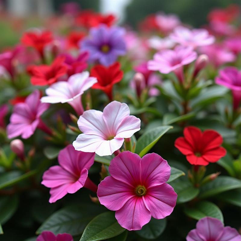 Cận cảnh các màu sắc rực rỡ của cây dừa cạn, biểu tượng cho sự may mắn và sức sống.