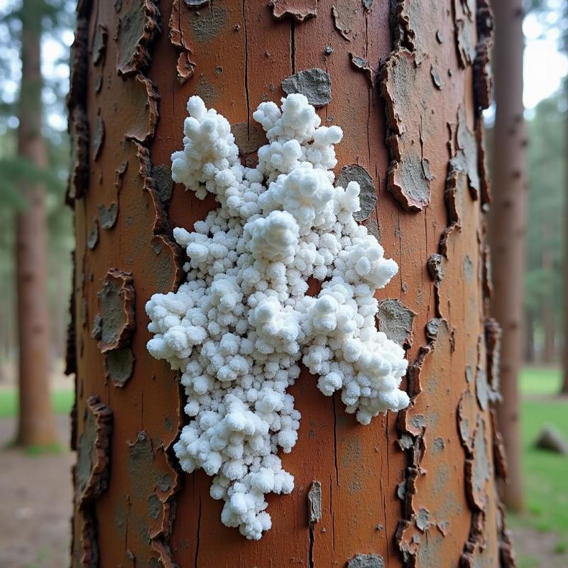 Cây Hoàng Đàn Tuyết Lạng Sơn quý hiếm với lớp tuyết trắng đặc trưng trên thân gỗ, biểu tượng của giá trị và phong thủy.