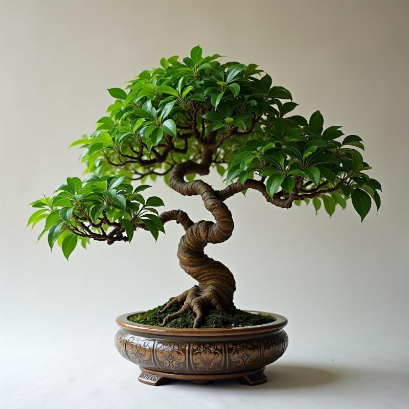 Cây lộc vừng bonsai dáng thế uốn lượn độc đáo trong chậu, thể hiện giá trị nghệ thuật và sự khéo léo của người trồng cây cảnh.