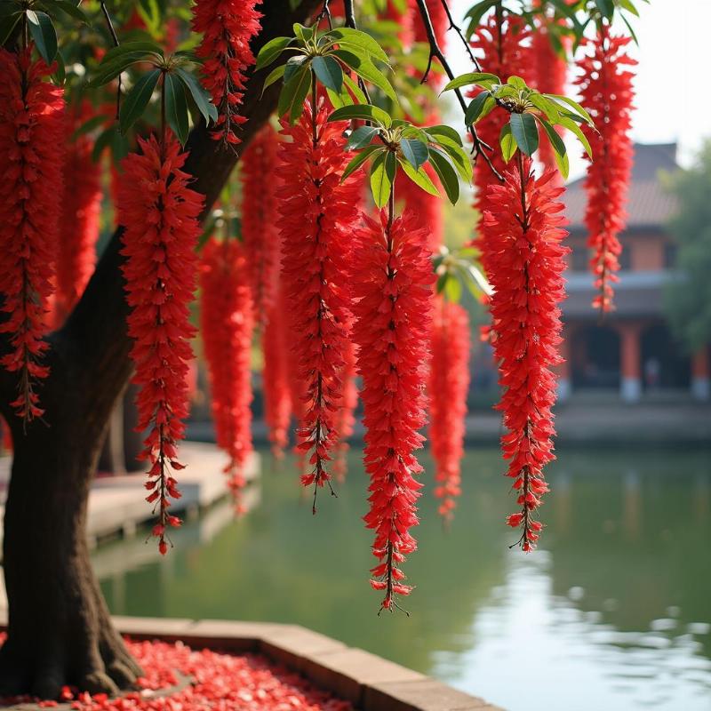 Hình ảnh cây lộc vừng đang ra hoa màu đỏ rực rỡ, mang ý nghĩa tài lộc và may mắn cho gia chủ.