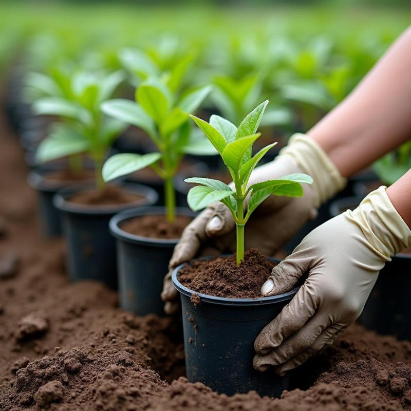 Cây mãng cầu giống khỏe mạnh sẵn sàng trồng xuống đất, minh họa bước đầu quan trọng trong quy trình canh tác đạt năng suất cao