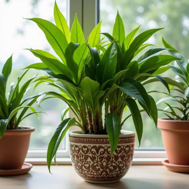 Hinh anh cay phat tai thiet moc lan dang trong chau, la xanh tot