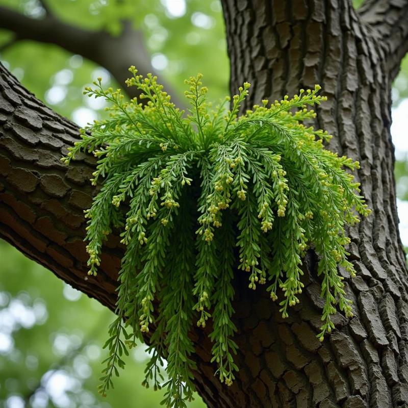 Hình ảnh tổng quan bụi cây tầm gửi xanh tốt đang bám chặt và phát triển trên cành của một cây chủ lớn, thể hiện đặc điểm sống ký sinh của nó.