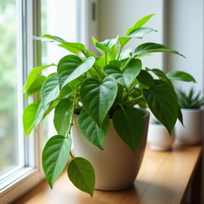 Hinh anh cay trau ba xanh tuoi tot trong chau dat dat trong nha lam canh va loc khong khi tot