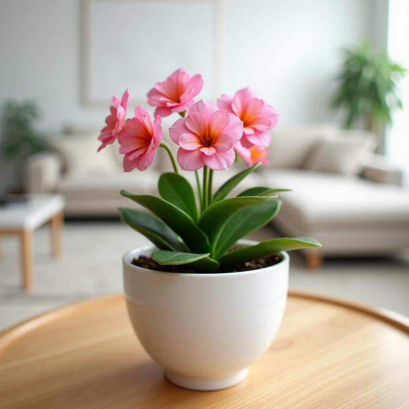 Cây trường sinh trồng trong chậu đặt trên bàn làm việc, tô điểm không gian sống xanh mát