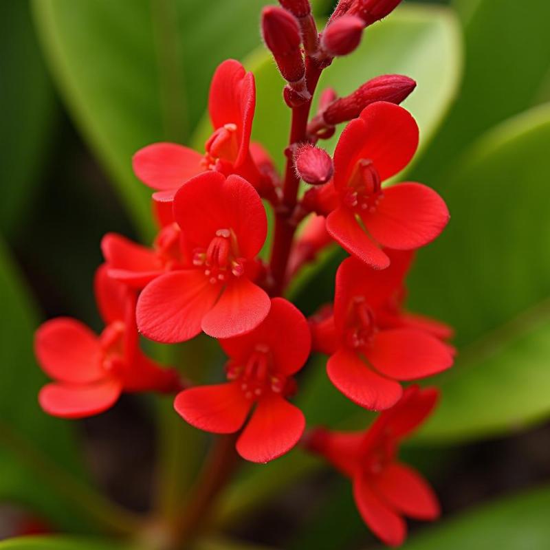 Hình ảnh cận cảnh hoa đỏ rực rỡ của cây trường sinh, biểu tượng may mắn và sức khỏe