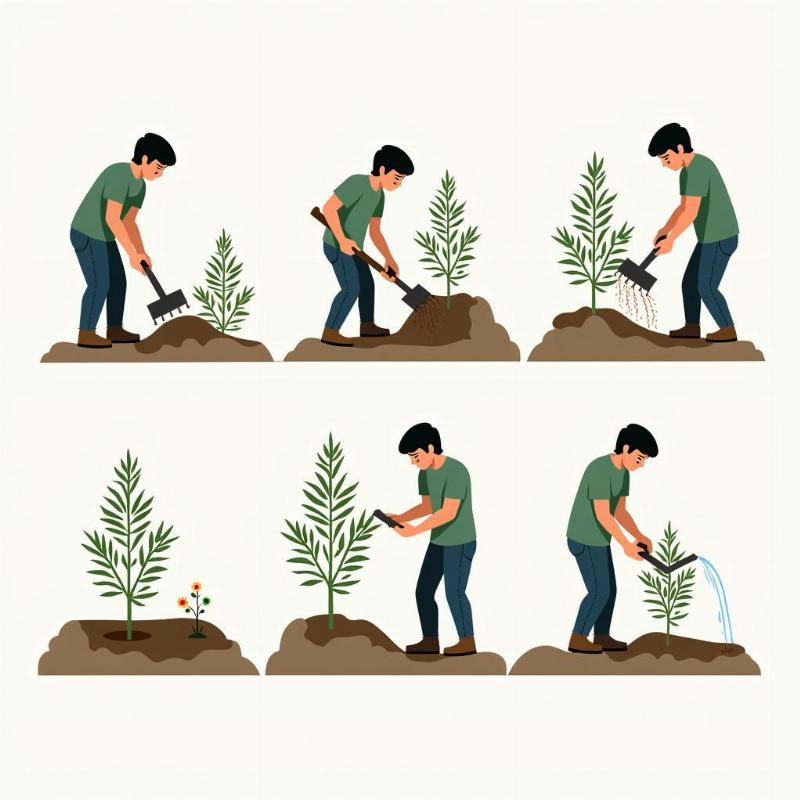 Minh họa kỹ thuật trồng cây Hoàng Đàn con đúng cách, từ chuẩn bị hố đến lấp đất và tưới nước.