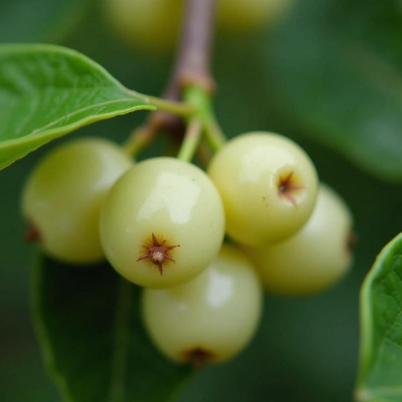 Cận cảnh chùm quả mọng nhỏ màu trắng hoặc vàng của cây tầm gửi xen lẫn với những chiếc lá xanh mướt đặc trưng của nó.