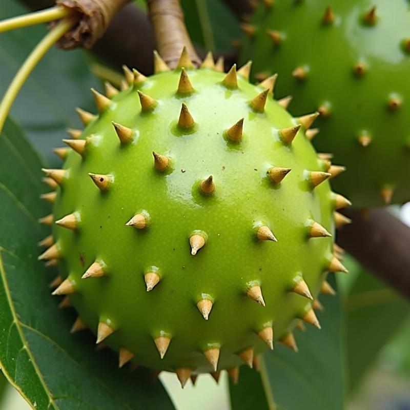 Hình ảnh cận cảnh quả mãng cầu xiêm chuẩn bị thu hoạch, vỏ xanh gai nở đều, thể hiện chất lượng cao và sự chăm sóc đúng kỹ thuật