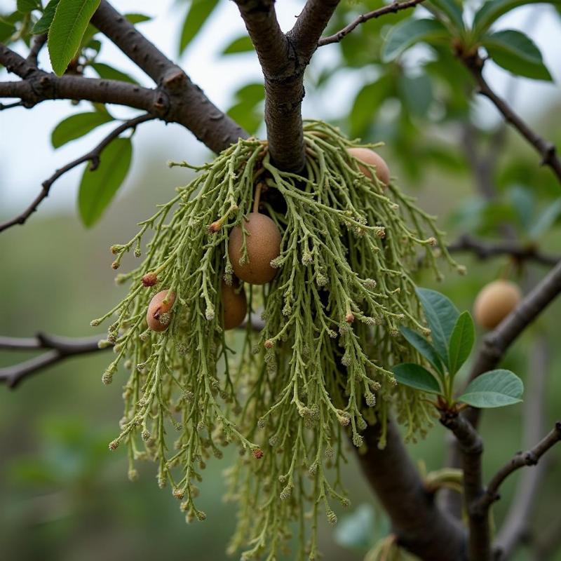 Một cành cây ăn quả bị suy yếu rõ rệt với lá thưa thớt, quả ít do bị một bụi cây tầm gửi lớn ký sinh và hút dinh dưỡng.