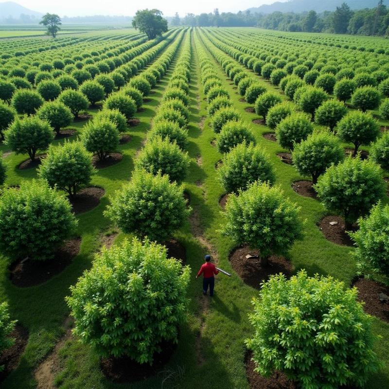 Hinh anh vuon dau tam xanh muot dang duoc cham soc, chuan bi thu hoach la, the hien quy trinh san xuat