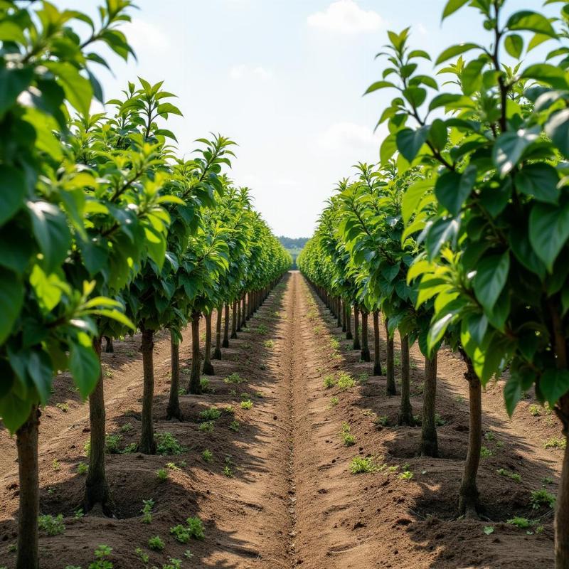 Một hàng cây bàng đài loan đang được ươm và chăm sóc tại vườn, cho thấy tiềm năng kinh tế khi trồng số lượng lớn.