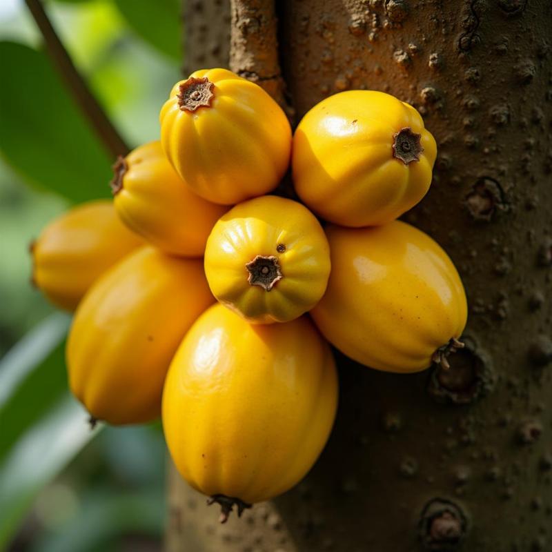 Hình ảnh quả cây chay chín vàng mọng nước mọc trực tiếp trên thân cây, thể hiện sự sung túc và đầy đặn.