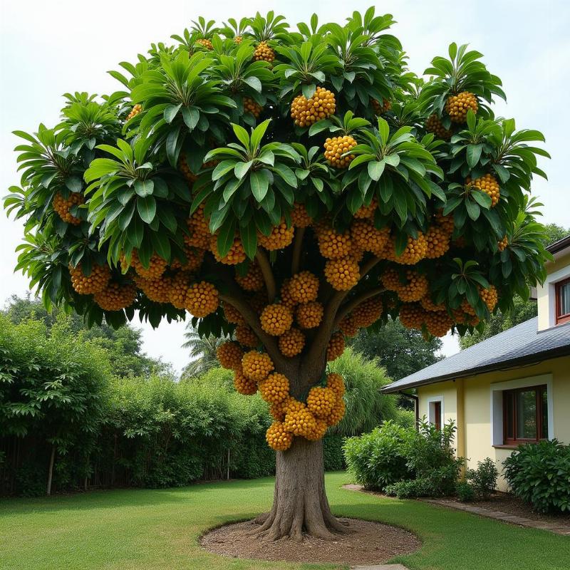 Hình ảnh cây chay trưởng thành được trồng trong vườn nhà, cành lá sum suê và sai trĩu quả vàng.