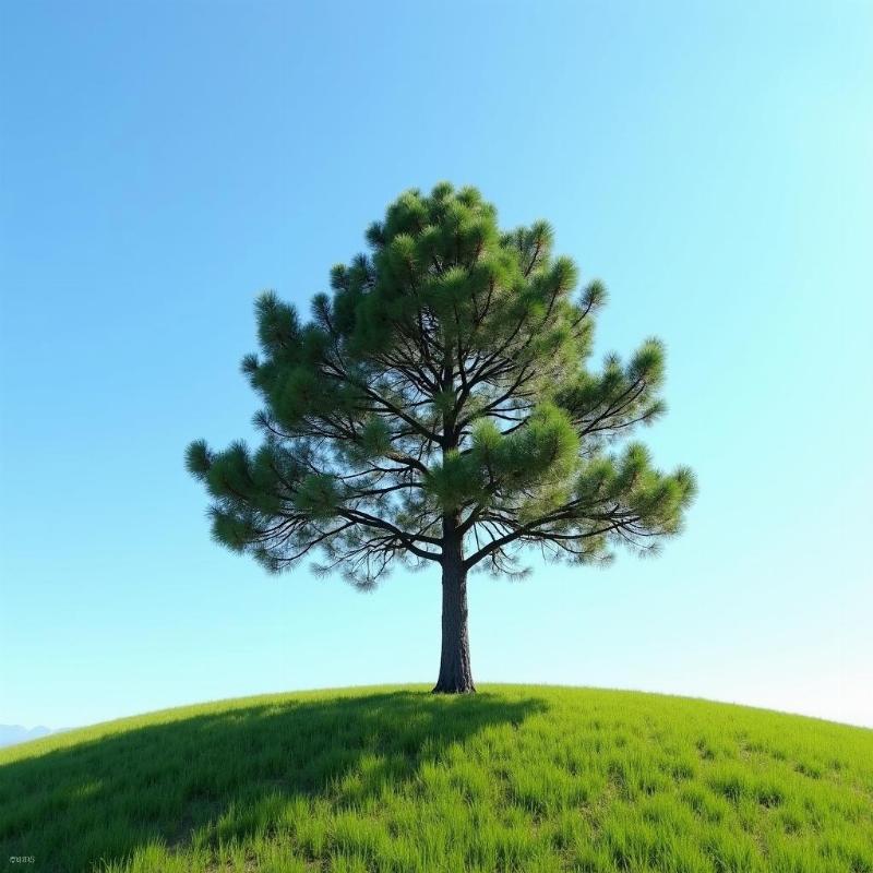 Hình ảnh cây cô đơn đứng một mình trên đồi cỏ xanh dưới bầu trời trong veo.