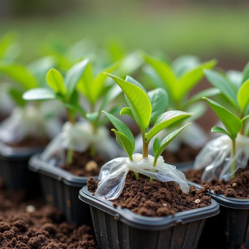 Hình ảnh cây con bạch đàn giống khỏe mạnh trong bầu đất sẵn sàng để trồng ra rừng