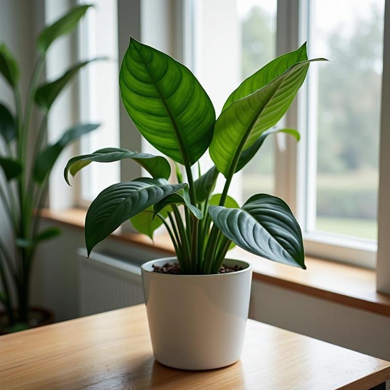 Cây lan ý được trồng trong chậu đặt trong không gian nội thất hiện đại, mang ý nghĩa phong thủy tốt.