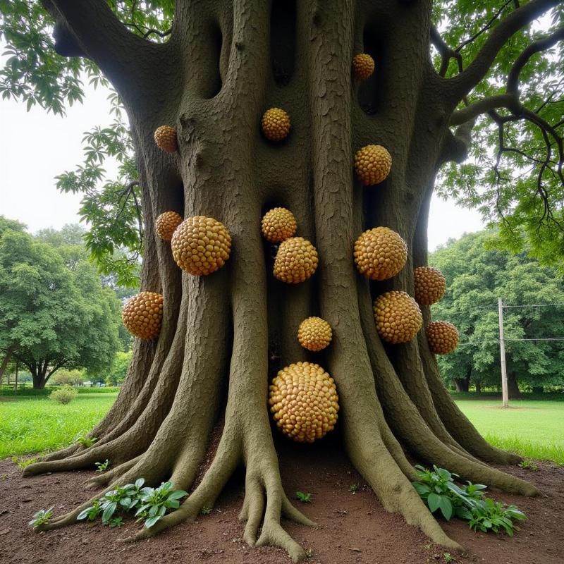 Hình ảnh cây sala thân lớn đang ra hoa và đậu quả trên thân, minh họa đặc điểm độc đáo của loài cây này