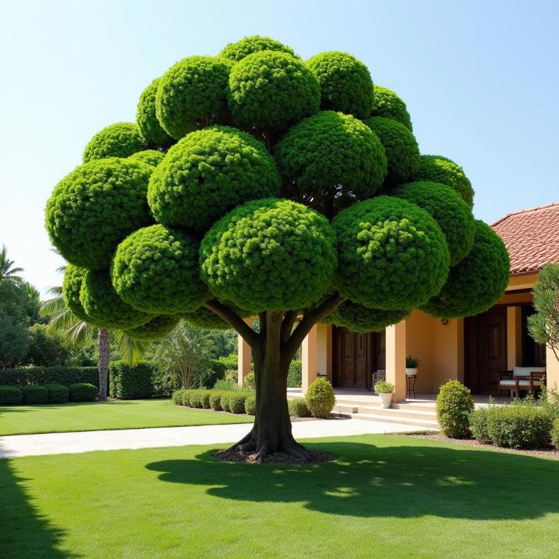 Cây sala trồng trước sân vườn nhà hoặc chùa, thể hiện vẻ đẹp và ý nghĩa phong thủy khi trồng ở vị trí phù hợp