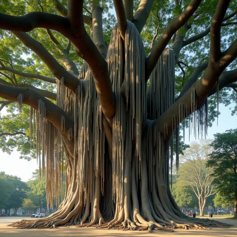 Hình ảnh cây si cổ thụ với bộ rễ buông xuống ấn tượng, biểu tượng sự vững chãi và trường thọ trong phong thủy