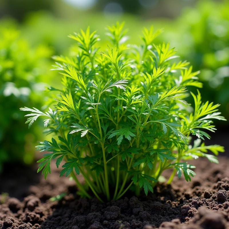 Cây thì là xanh tươi phát triển mạnh mẽ trên luống đất chuẩn bị kỹ lưỡng tại vườn nhà