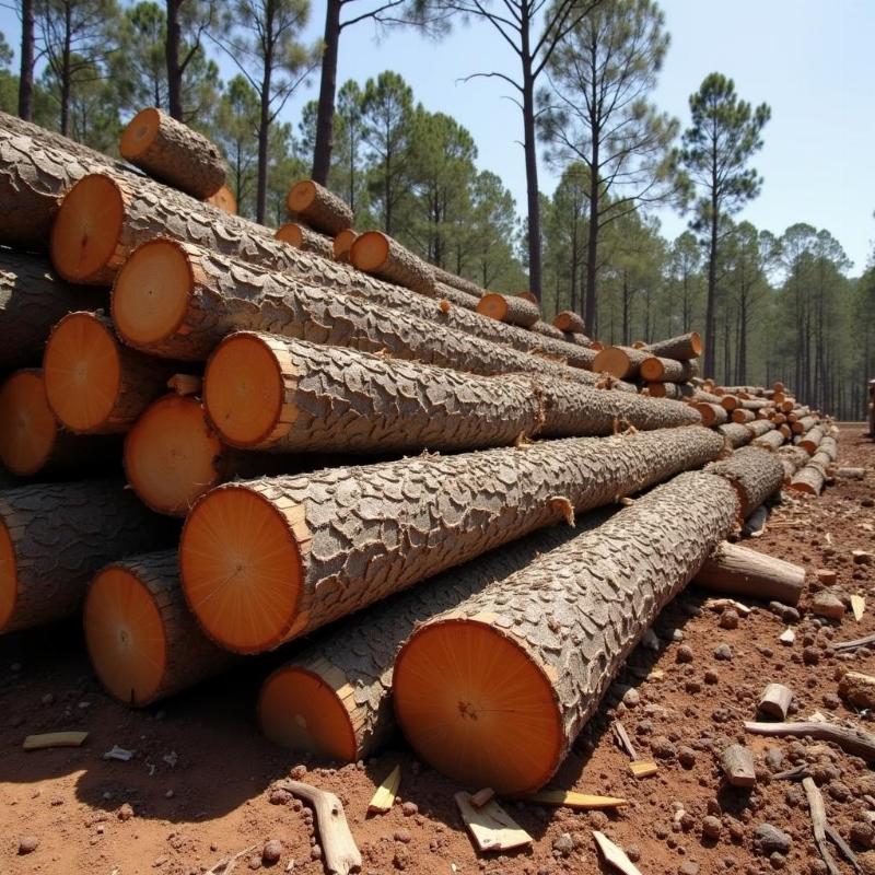 Hình ảnh gỗ bạch đàn đã khai thác đang được tập kết, minh họa sản phẩm sau thu hoạch và tiềm năng kinh tế
