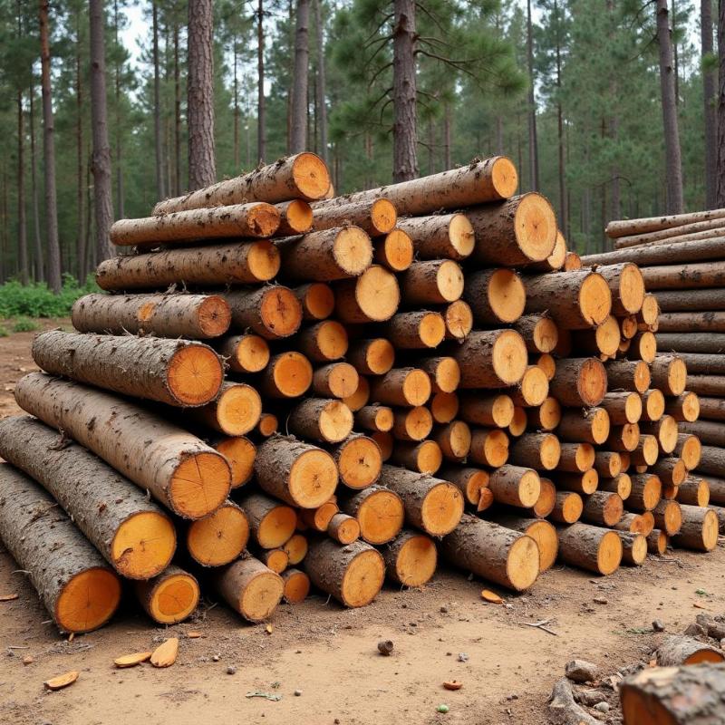 Hình ảnh gỗ cây keo tròn đã được khai thác và tập kết, thể hiện lợi ích kinh tế từ trồng keo