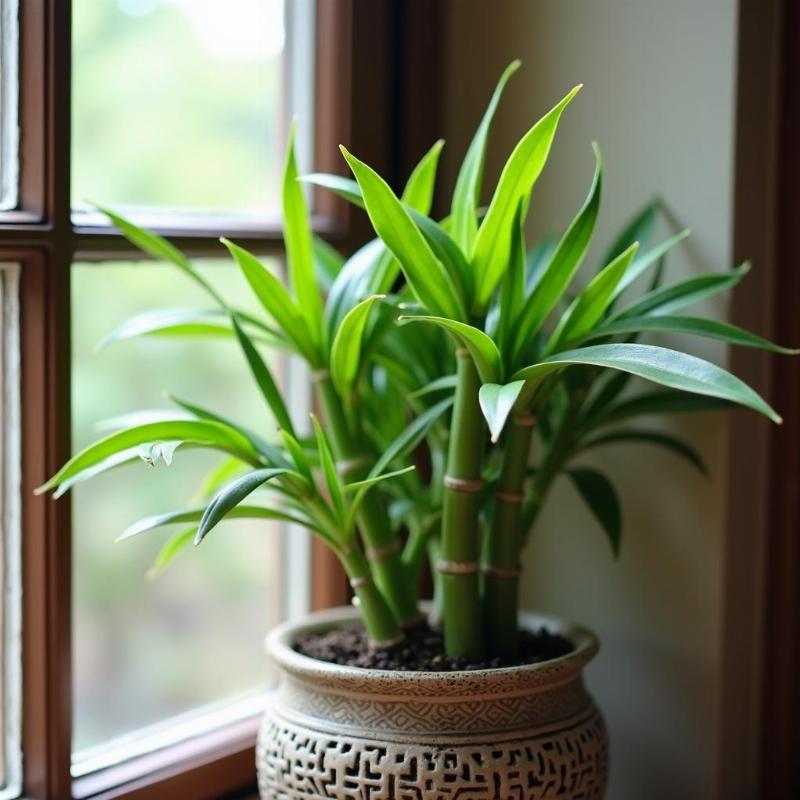 Cay tre canh mini trong chau dat dep dat o goc nha hop phong thuy mang lai may man