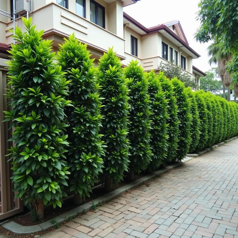 Một hàng rào cây cúc tần xanh mướt, được cắt tỉa gọn gàng, tạo cảnh quan đẹp và che chắn tốt cho ngôi nhà
