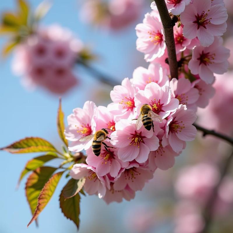 Cành hoa cherry nở rộ trắng hồng tuyệt đẹp báo hiệu mùa xuân về, thu hút ong bướm thụ phấn cho cây