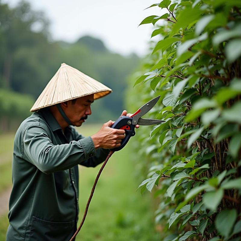 Người nông dân tỉa cành cho hàng rào cây cúc tần, thực hiện kỹ thuật chăm sóc để cây phát triển tốt
