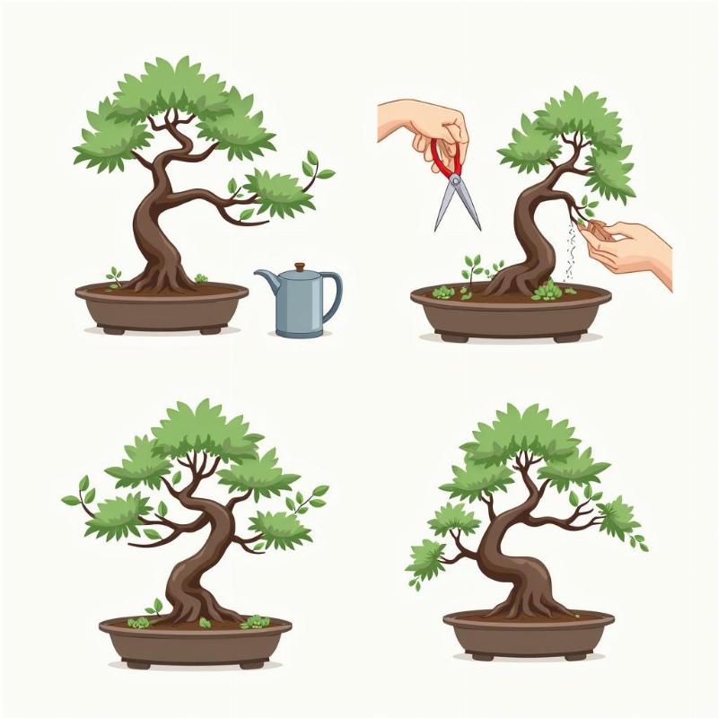 Huong dan ky thuat cham soc cay linh sam bonsai, bao gom tuoi nuoc, bon phan, cat tia va uon canh.