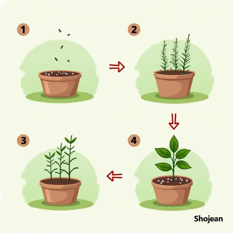 Hình ảnh minh họa các bước cơ bản trong quy trình trồng và chăm sóc cây cải trời từ gieo hạt đến khi cây trưởng thành