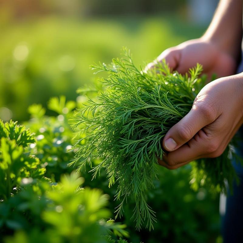 Người nông dân thu hoạch lá cây thì là tươi xanh tại vườn